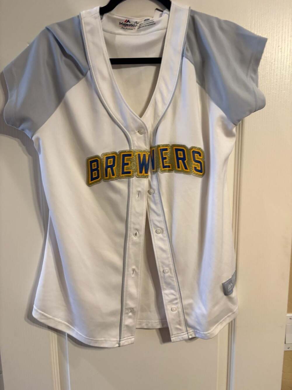 Majestic Milwaukee Brewers Jersey Size L White Gray Button-Up Women’s